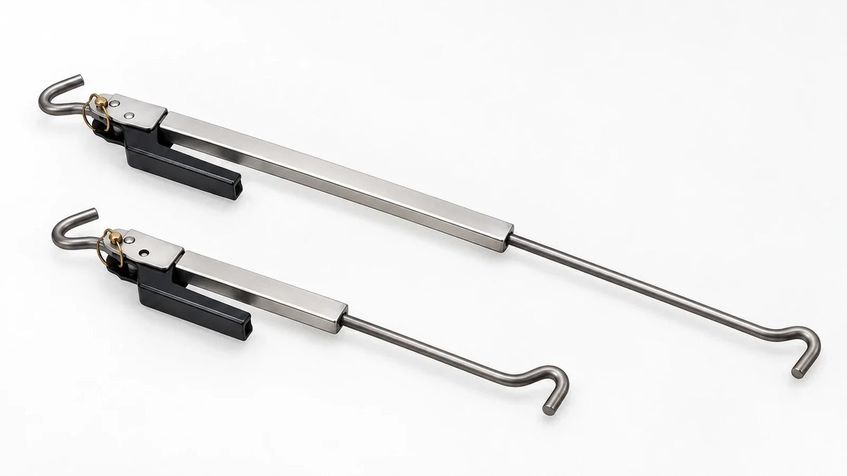 Polished Original FastGun Long Range turnbuckle above a shorter FastGun .45 Short Range turnbuckle on a light background.