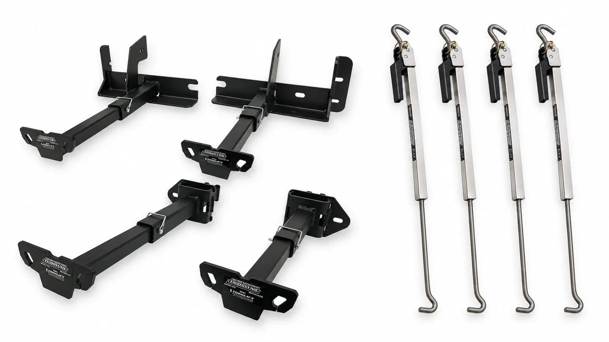 TorkLift F2031 front and F3008 rear tie-down pairs arranged beside four polished S9526 Original FastGun turnbuckles on a light background.
