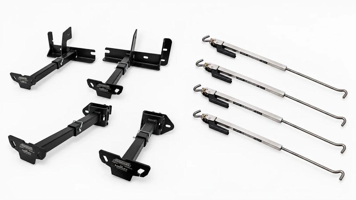 F2031 front and F3008 rear camper tie downs beside four polished S9526 Original FastGun turnbuckles on a light background.