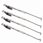 Four TorkLift Original FastGun long-range turnbuckles with polished stainless-steel bodies and black handles