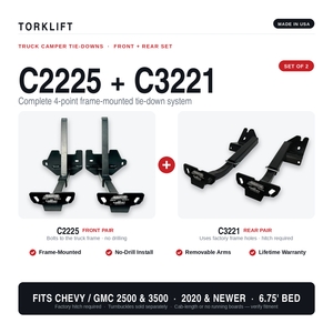 Torklift C2225 C3221 tie down components and Chevy GMC fitment graphic