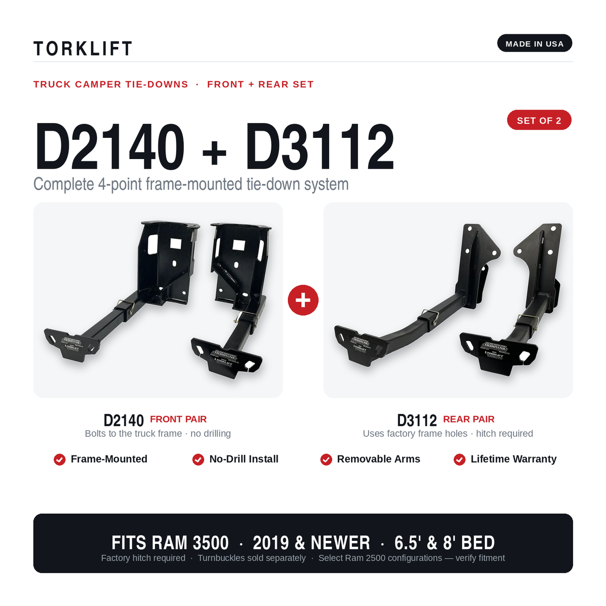 Torklift D2140 and D3112 front and rear camper tie down set for Ram 3500 8-foot bed