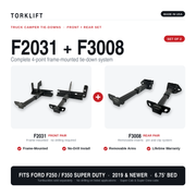 Torklift F2031 F3008 tie down components and Ford Super Duty fitment graphic