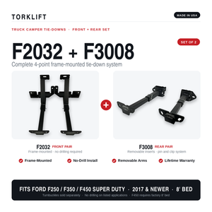 Torklift F2032 F3008 tie down components and Ford Super Duty fitment graphic