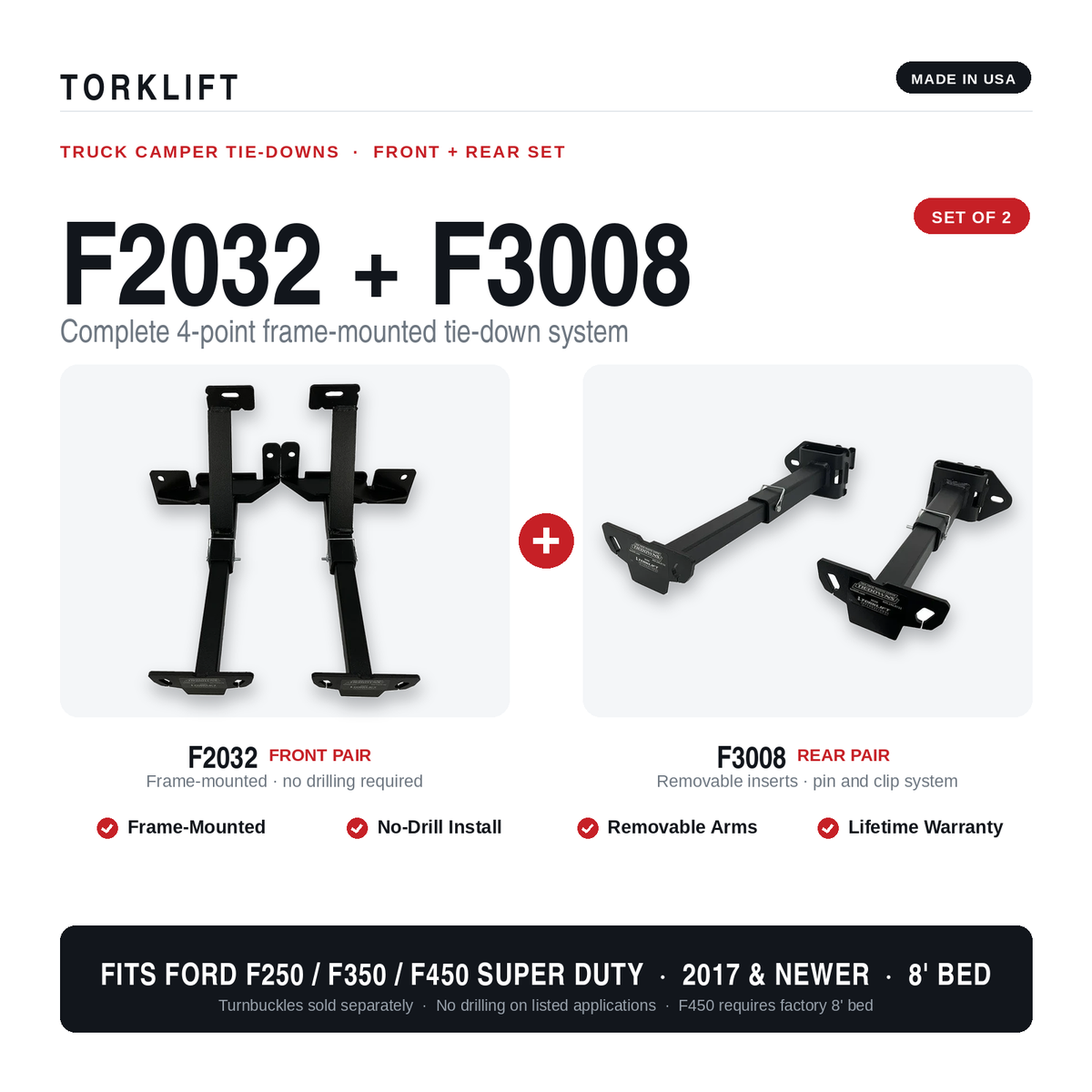Torklift F2032 and F3008 front and rear camper tie down set for Ford Super Duty 8-foot bed