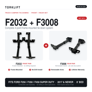 Torklift F2032 F3008 tie down components and Ford Super Duty fitment graphic
